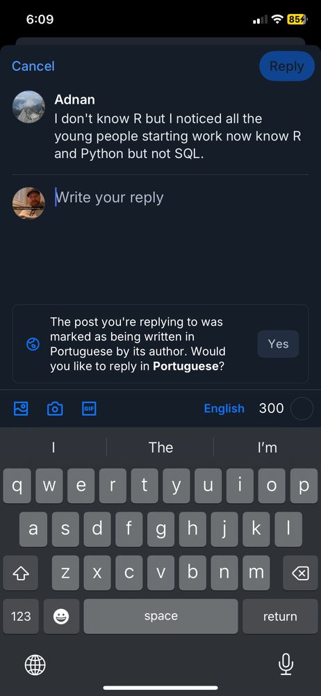 As I write a reply to Adnan, there’s a notification that says “The post you’re replying to was marked as being written in Portuguese by its author. Would you like to reply in Portuguese?”