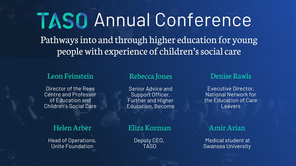 Graphic with text: TASO Annual Conference. Pathways into and through higher education for young people with experience of children's social care. Panelists: Leon Feinstein: Director of the Rees Centre and Professor of Education and Children’s Social Care; Rebecca Jones: Senior Advice and Support Officer, Further and Higher Education, Become; Denise Rawls Executive Director, National Network for the Education of Care Leavers; Helen Arber: Head of Operations, Unite Foundation; Eliza Kozman Deputy CEO, TASO; Amir Arian: Medical student at Swansea University.