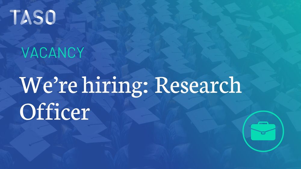 Graphic design job vacancy announcement for a Research Officer position at TASO. The background features an image of numerous graduates wearing caps and gowns overlaid with a blue-green gradient. The TASO logo is displayed in white at the top left corner. The word 'VACANCY' appears in uppercase green letters, followed by the main text in large white font reading, 'We're hiring: Research Officer.' In the bottom right corner, there is a green outline icon of a briefcase.