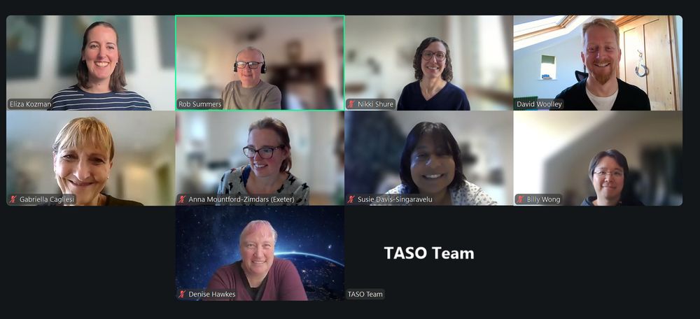 A screenshot of a virtual meeting with nine participants from the Research and Evaluation Committee and the TASO team. Each person appears in their own video tile, smiling or looking toward the camera. The backgrounds vary, including home offices and blurred rooms. One tile shows “TASO Team” instead of a video feed.
