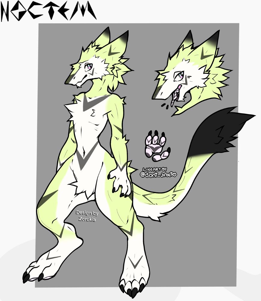 A digital reference sheet of Noctem, a fictional alien character known as a "Sergal." Lineart by dont_jinxit and Design by Zorukia
