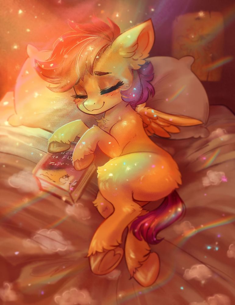 The image portrays Scootaloo peacefully sleeping in her bed as the morning sun casts a warm, golden glow over her. The sunlight creates soft, rainbow-like reflections on her fur, symbolically transforming her into her idol, Rainbow Dash. She holds a book in her hooves, seemingly a guide on how to fly, reflecting her lifelong dream. In the background, a blurry, childlike drawing of Rainbow Dash is pinned to the wall, emphasizing her admiration. The atmosphere is dreamy and serene, with soft clouds on the bedspread and gentle lighting enhancing the magical and hopeful tone of the scene.