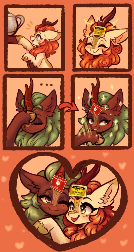 This is a five-panel comic featuring Autumn Blaze and Cinder Glow, two kirins.

In the first panel, Autumn happily reaches for a teapot on a high shelf.

In the second panel, she smiles confidently, now sporting a warning sticker on her forehead that reads: "CAUTION: HOT SURFACE. DO NOT TOUCH." This plays on the idea that kirins can burst into flames when emotional.

In the third panel, Cinder Glow facehoofs, clearly exasperated.

In the fourth panel, she smirks and applies her own sticker—"FRAGILE: HANDLE WITH CARE." This suggests that while Autumn is fiery and passionate, Cinder is more sensitive and delicate.

The final panel, shaped like a heart, shows them cuddling with their respective stickers, highlighting their contrasting yet complementary personalities.

