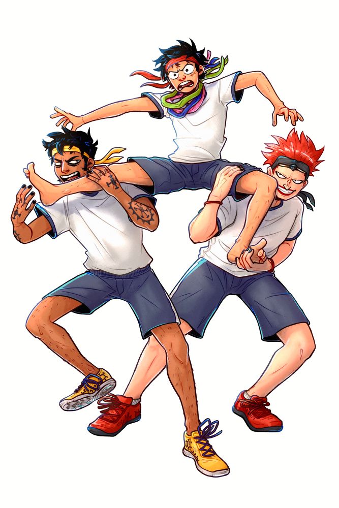 drawing of law and kid holding luffy on their shoulders for a field day cavalry battle. luffy has several teams headbands captured around his neck. unfortunately, law and kid are attempting to head in opposite directions, so luffy is wobbling and slipping off as they pull him into the splits.