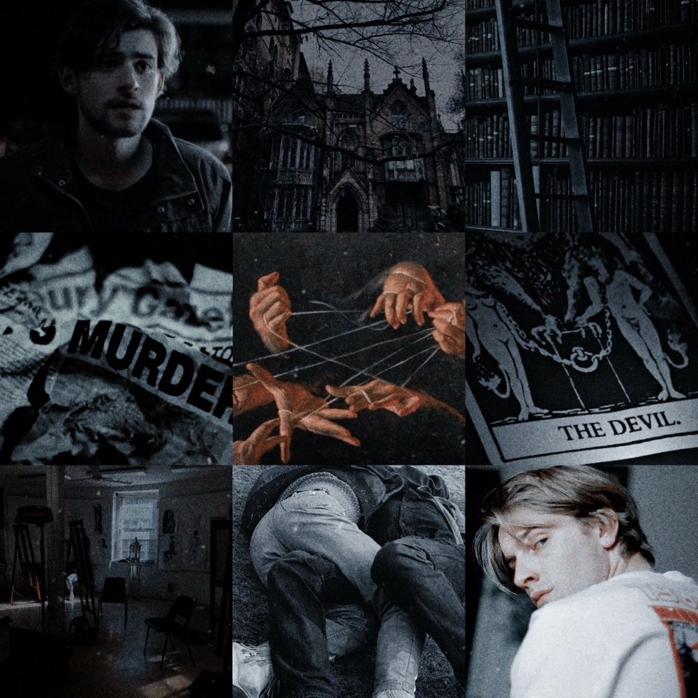 A square collage of nine images: a brown haired man looking upset, an old university entrance, dark library with ladder up into stacks, old newspaper clippings depicting ‘murder’, hands tied with many strings, devil tarot card, an empty art room, two men tangled together on the grass, blond man looking over his shoulder 