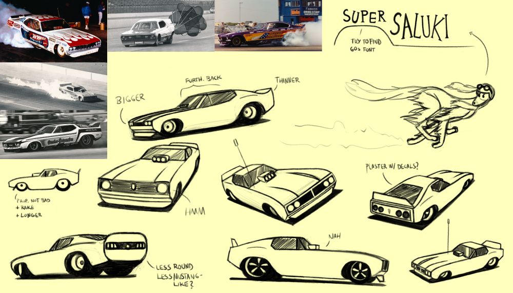 digital canvas with various sketches of an RC car tentatively named "Super Saluki". there are pictures of various 70s funny cars on the corner as references