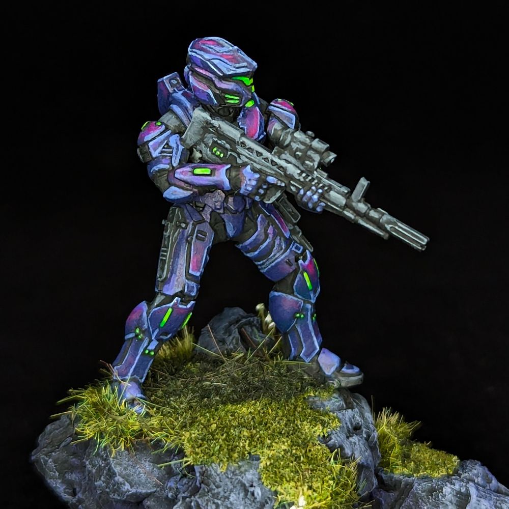 Painted miniature of Spartan Deadeye from Halo: Flashpoint by Mantic Games. 