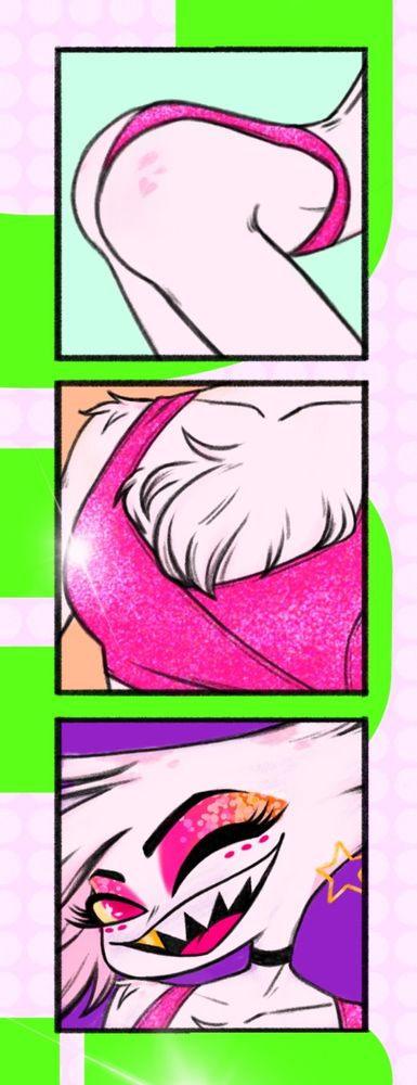Close up of 3 inset panels of Angel's face, ass, and chest fluff.