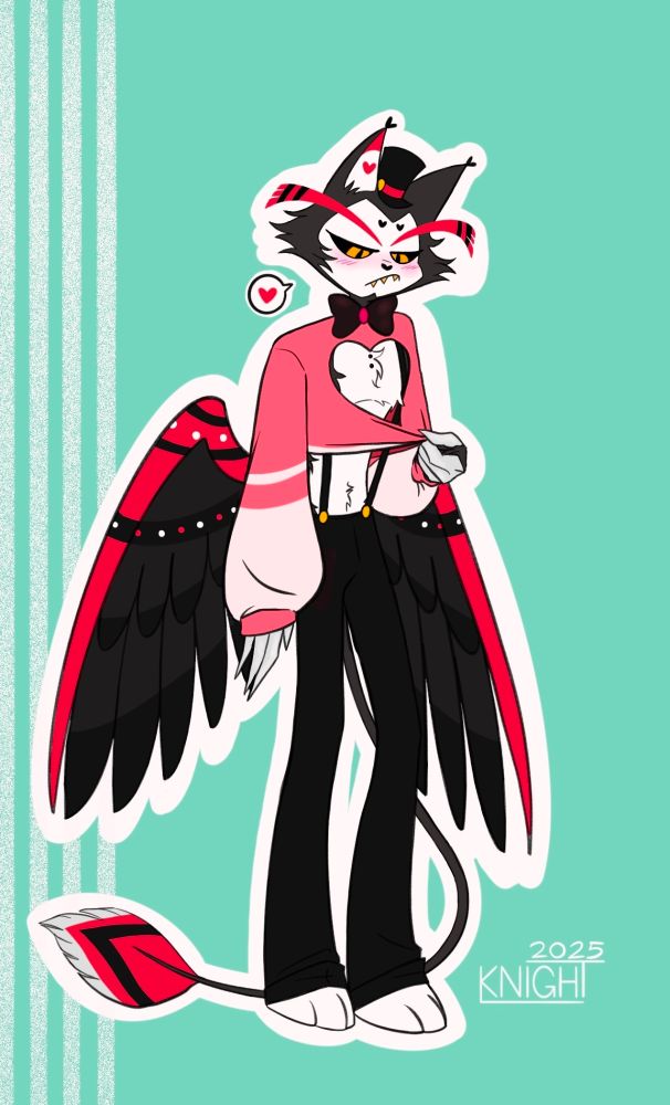 Husk from Hazbin Hotel wearing Angel Dust's pink cropped heart sweatshirt 