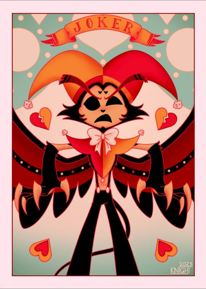 Limited color pallette illustration of Husk from Hazbin Hotel on a Joker playing card, wearing jester clothing.