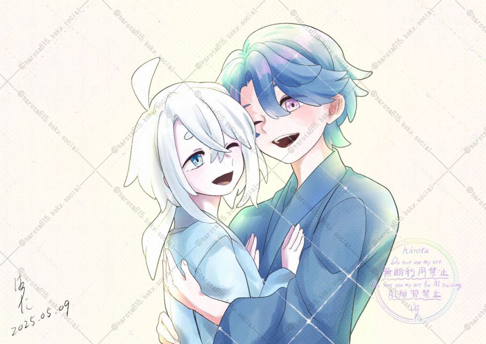 合同創作『青白物語(せいはくものがたり)』の幼い暁弘(あきひろ)が白(つくも)を抱きしめてるところ。