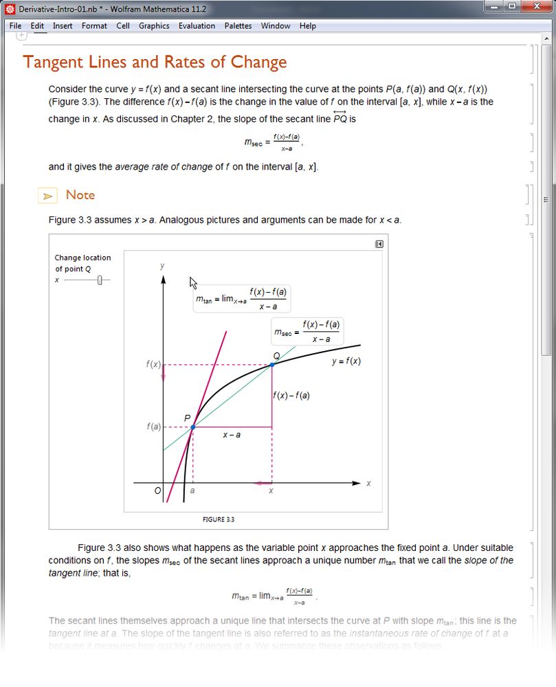 Part of a notebook in Mathematica entitled "Tangent Lines and Rates of Change," with a figure showing a graph to illustrate the concept