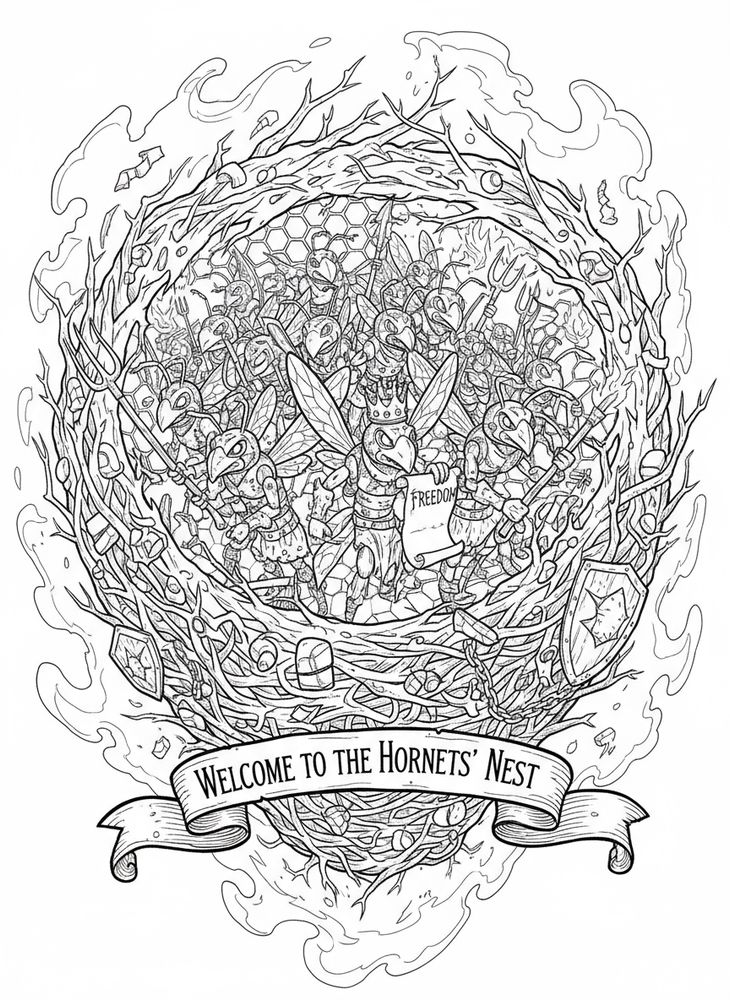 black and white illustration of a hornets nest