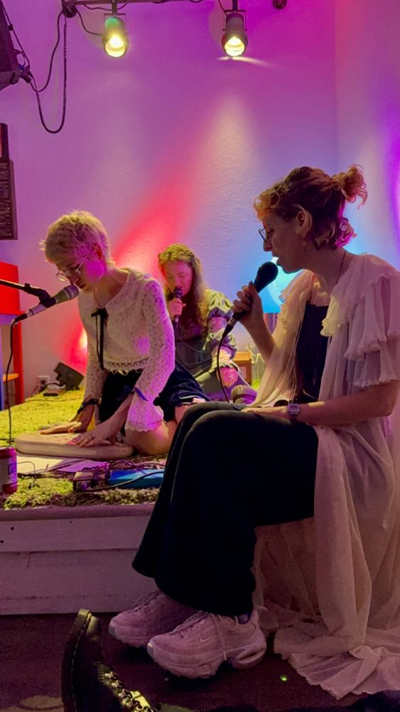 i'm sitting on the floor on the small green carpeted stage, playing my omnichord and singing into the microphone. my pals who played the show with me are seated on either side singing backing vocals.