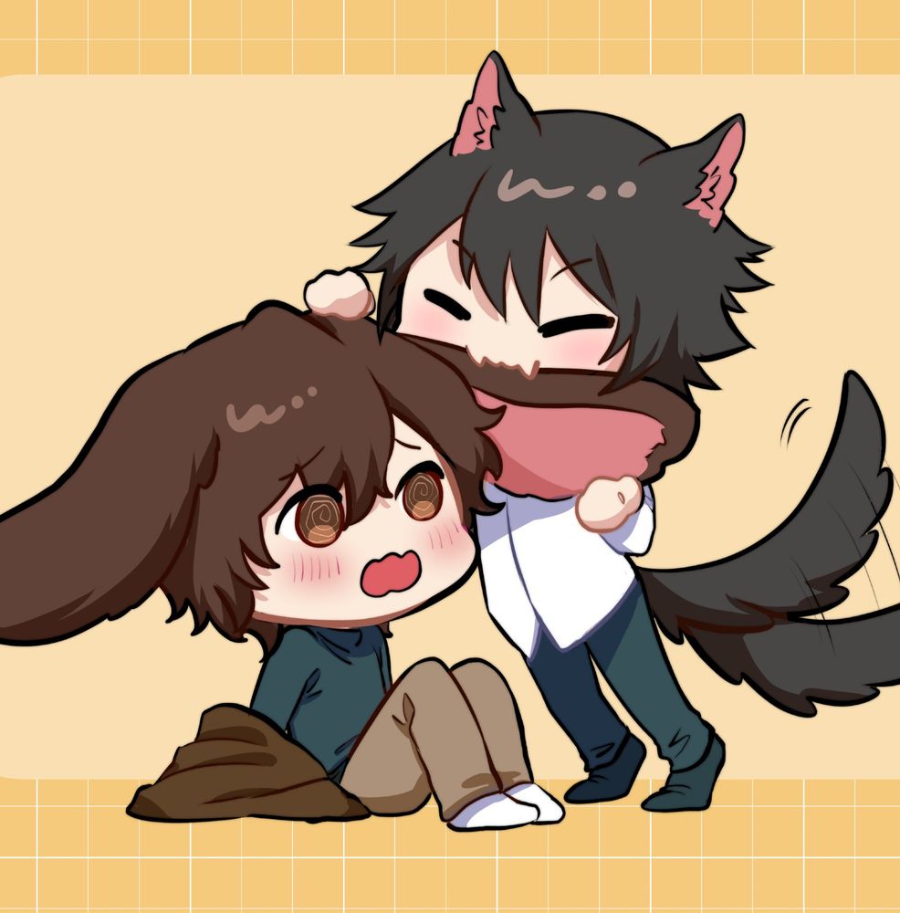 Wolf Ranpo biting happily into Bunny Dazai's ear, as commissioned by Kana7o on twitter!