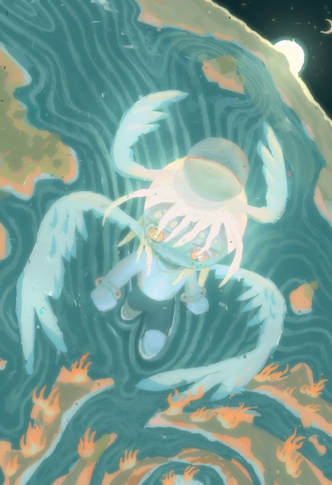 a gigantic angel walking towards a recent meteor impact 