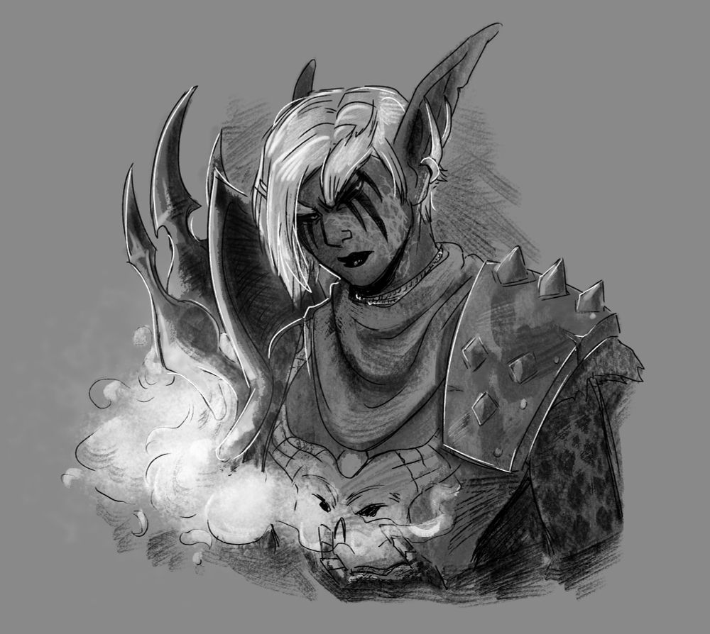 A world of Warcraft oc. This character is an elf woman with large pieces of armour; a large set of pauldrons, one being spiked metal and the other a much larger piece with skeletal faces on it that are hidden from view. The skeletons emanate a red aura that she is playing with.
She has cropped white hair that falls over one eye and a glare on her face.