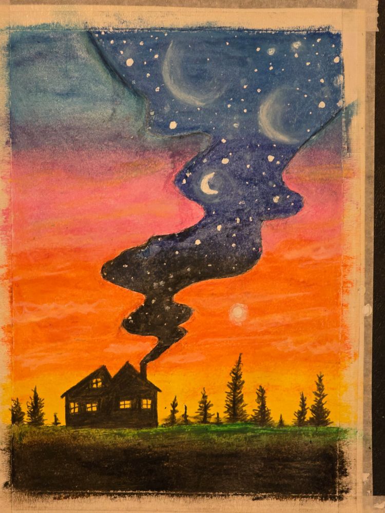A pastel drawing of a house with smoke coming out of its chimney the smoke has a starry night sky with moons and planets and the outside of the smoke there is a sunset with a the house and some trees that are in black as shadow