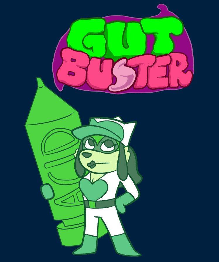 GutBuster promo image with logo and Cellecca holding her acid blaster