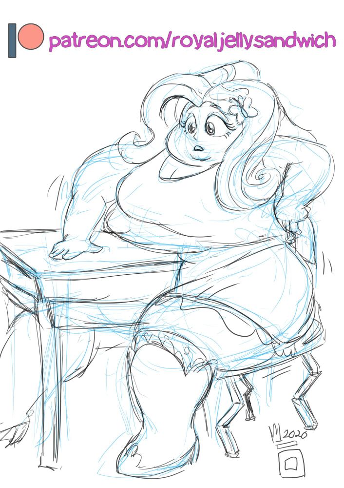 Fat Human Fluttershy stuck in a school desk. Her chair's legs are bending under her weight.