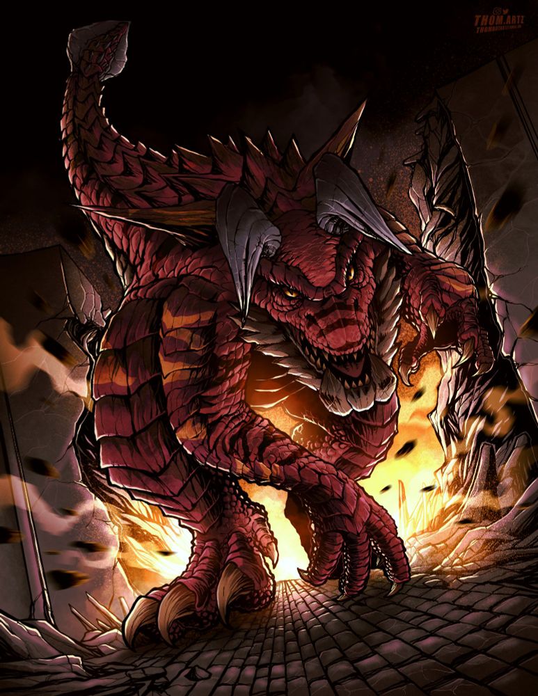 Crouton, a red Tarrasque (Kaiju-sized creature that resembles a draconic therapod dinosaur), smashes through a perimeter wall as an explosion goes off behind him. He is hunched low, and running towards the camera with a determined expression.