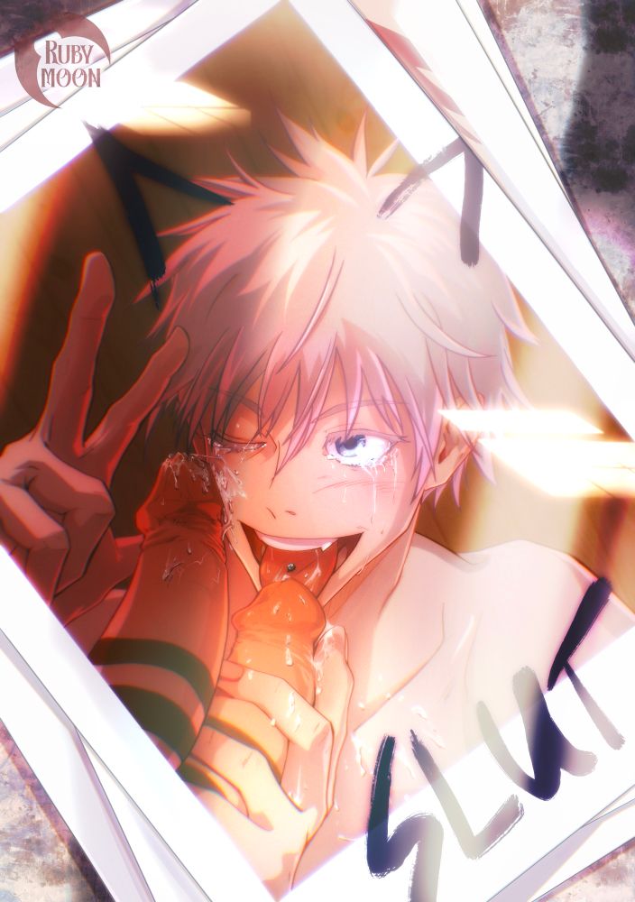A pile of Polaroids on a table, the top one shows Satoru giving Sukuna a BJ while throwing up a peace sign. Sukuna’s second dick smears cum on Gojo’s face. Cat ears have been scribbled on Gojo with a marker, and the word SLUT written a tossed the bottom of the photograph 