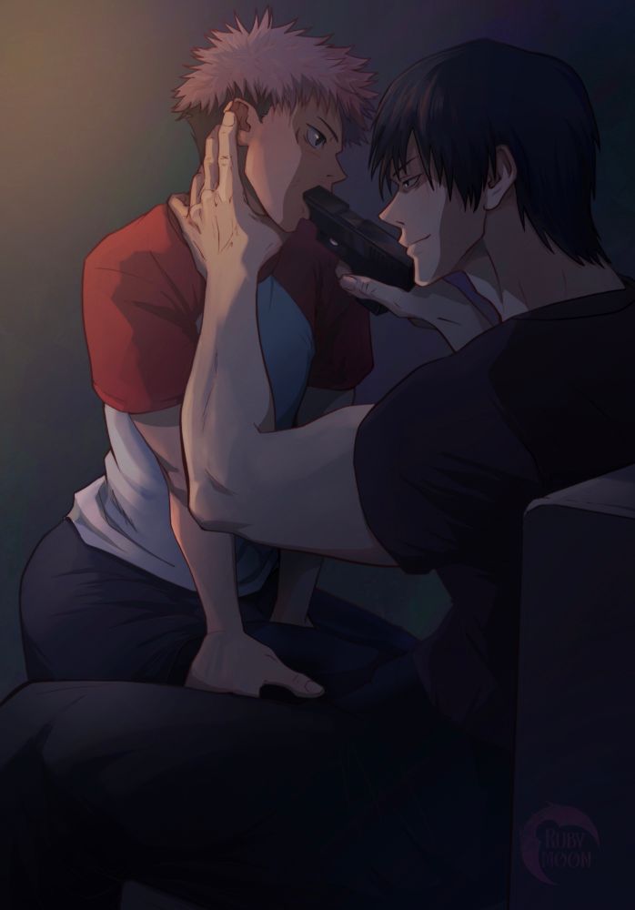 Yuuji grinds on Toji,s thigh as he shoved a gun into the teen’s mouth