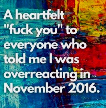 A heartfelt "Fuck You!" to everyone who told me I was overreacting in November 2016.