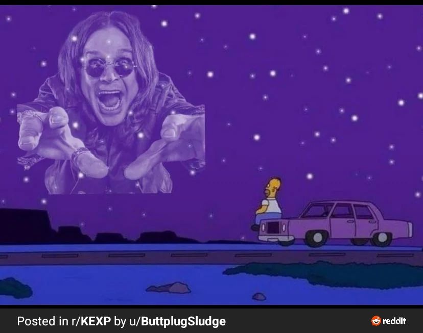 Homer Simpson sits on his car looking into the night sky that shows Ozzy Osbourne in the stars. 
