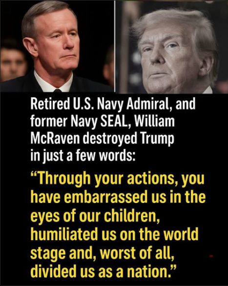"Through your actions, you have embarrassed us in the eyes of our children, humiliated us on the world stage and, worse of all, divided us as a nation." -Retired US Navy Admiral and former Navy SEAL WIlliam McRaven