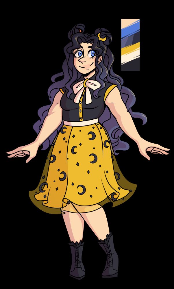 A feminine-presenting individual with their hands held out by their sides. Their blue eyes are looking to the side and they appear to be smiling widely. They have wavy dark black hair that gradients into a paler blue, and they have it styled in twin buns, with crescent moon pins on the buns. Their dress is in tones of black, cream, and yellow, with a reoccurring moon motif throughout. Artwork credit goes to Shelfieshelf.