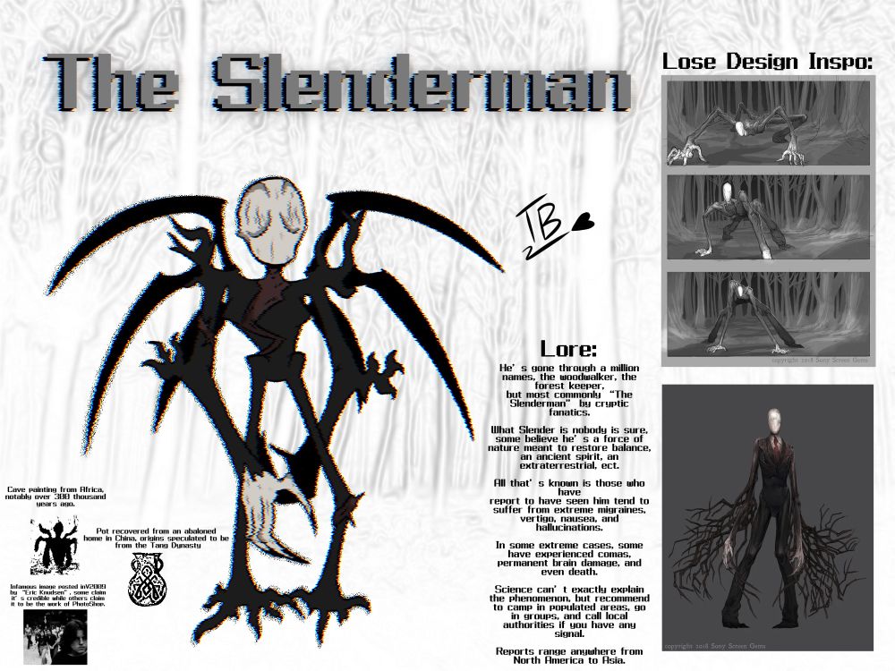 A drawing depicting the Creepypasta “Slenderman” with his own unique design. Above him are the words “The Slenderman”. On the left are alleged depictions of Slender throughout human history. On the right are his lore and reference images used as inspiration for the design.
