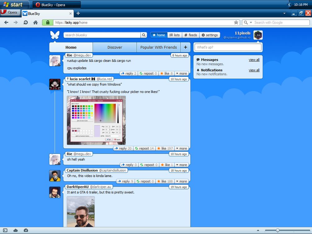 UI concept of BlueSky running on Opera 12 on Windows XP. The page has a blue sky background with clouds, a navigation bar on top with the BlueSky logo, a search bar, various links (home, lists, feeds, settings), and the current user on it. Below it, on the left side are tabs for different feeds, with the current feed's posts underneath, and the right side features a textbox for creating new posts and a list of recent messages & notifications, displaying no new messages and no new notifications.