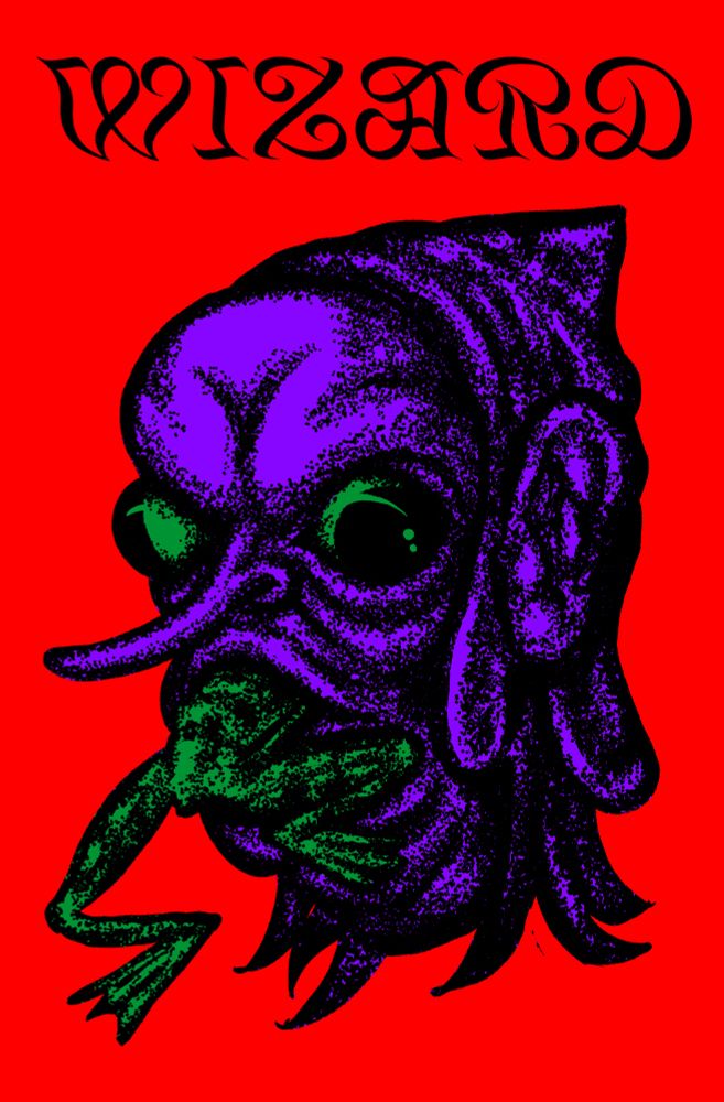 The word Wizard in black. A purple wizard with bulging eyes, a long nose, and leather skull cap sucks on a frog.