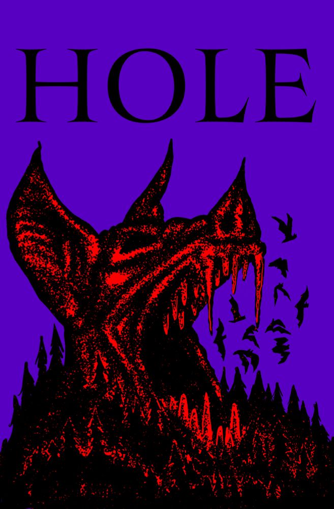 The word Hole in black. A bat head shaped cave in the woods with bats flying out of its mouth.