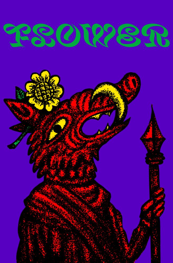 The word Flower in green. A red boar man holding a spear with a flower behind its ear.