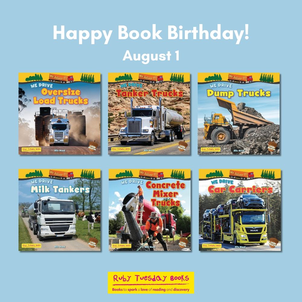 Covers of OVERSIZE LOAD TRUCKS, TANKER TRUCKS, DUMP TRUCKS, MILK TRUCKS, CONCRETE MIXER TRUCKS, and CAR CARRIERS, all from the We Drive series