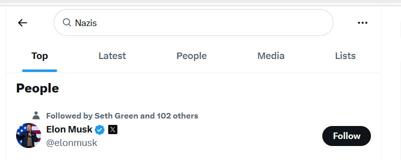 Screenshot showing that the top search result for Nazis on X is Elon Musk's account