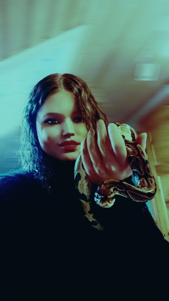 An image of a lady with curly hair, holding a python snake in her left hand. The snake is facing directly at the camera. The background is blurred, and the color of the image is tinted with green