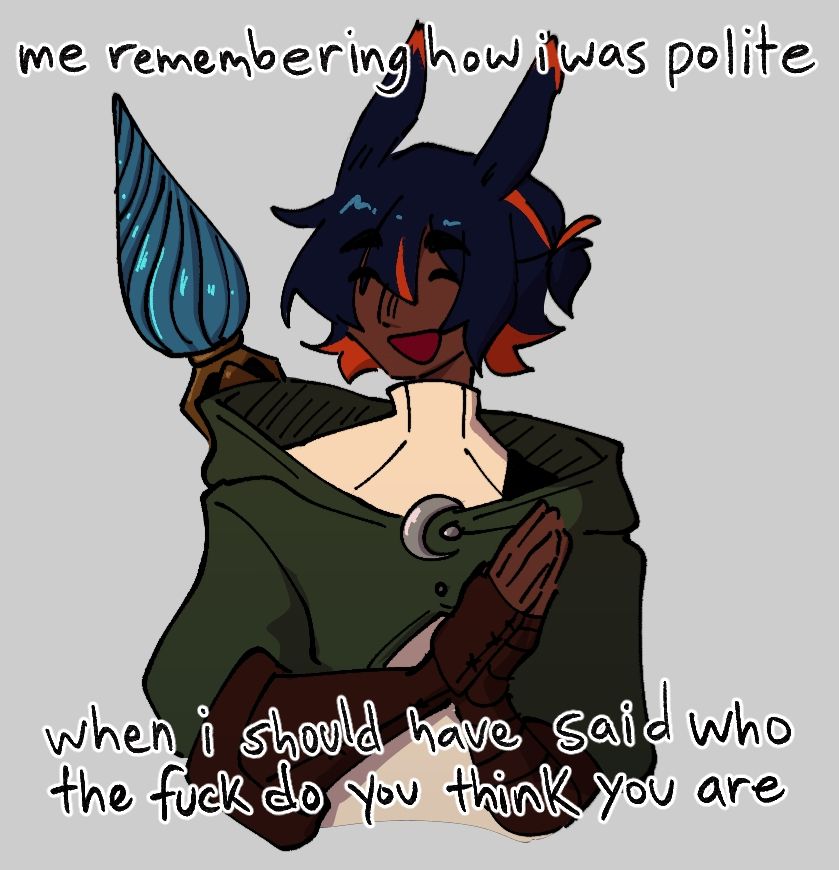 digital illustration of kanan smiling at the viewer with his hands pressed together, captioned:
me remembering how i was polite when i should have said who the fuck do you think you are