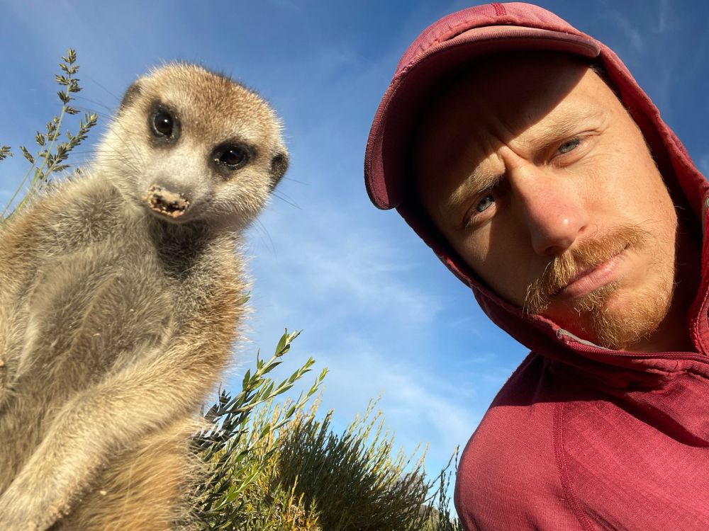 Researcher Josh Arbon and a meerkat pondering life.