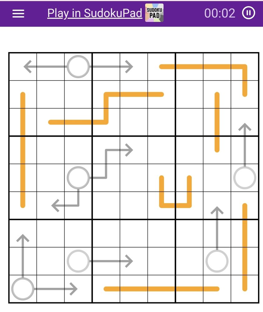 Normes del sudoku:
-Sudoku normal 3x3, normes estàndard.
-Els digits continguts en una fletxa han de sumar el digit dins la rodona des d'on surt la fletxa.
-Linies taronges: Cada linia conté un o més grups de cel·les que sumen 10. Aquests grups son contigus i no se solapen. Dins una linia es poden repetir digits si altres normes ho permeten.