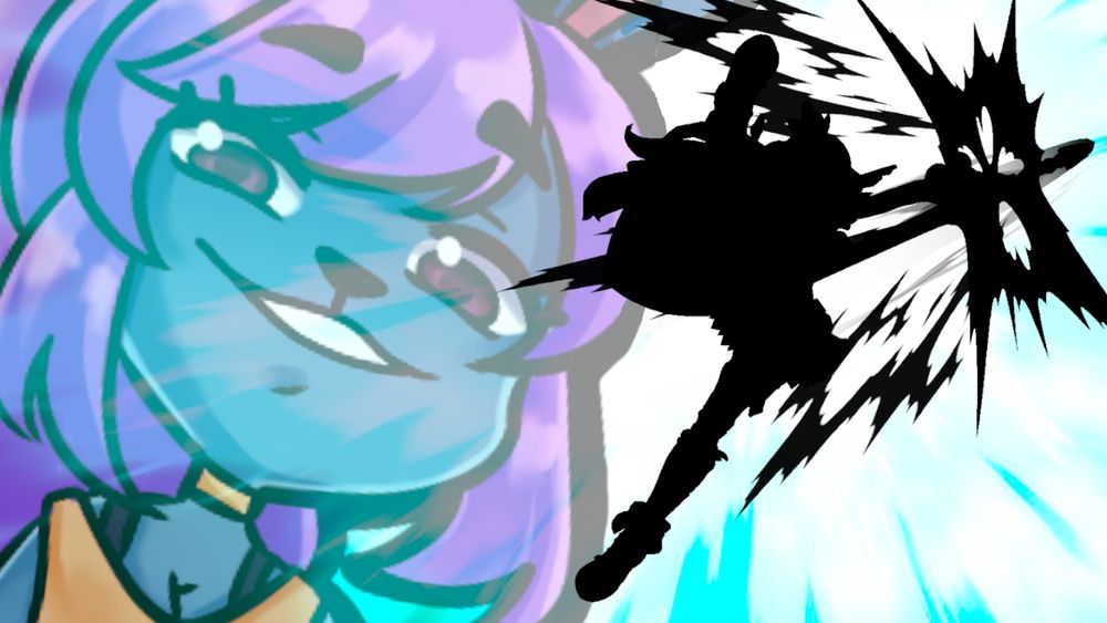 A large, translucent Alyula smirking beside a silhouette of someone who enjoys pie.