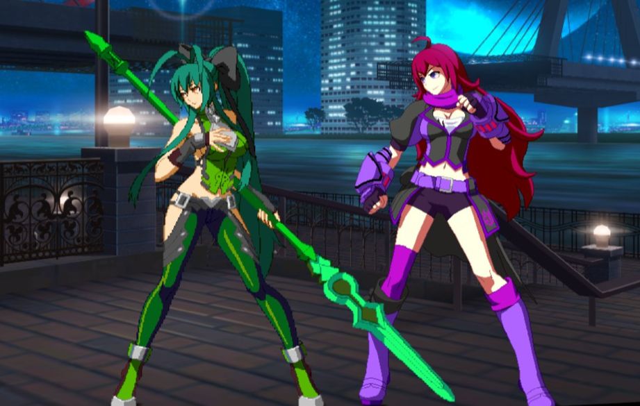 Mai Natsume in her green alt (Color 4) and Yang Xiao Long in her purple with red hair alt (Color 6) on a pier in BlazBlue Cross Tag Battle.