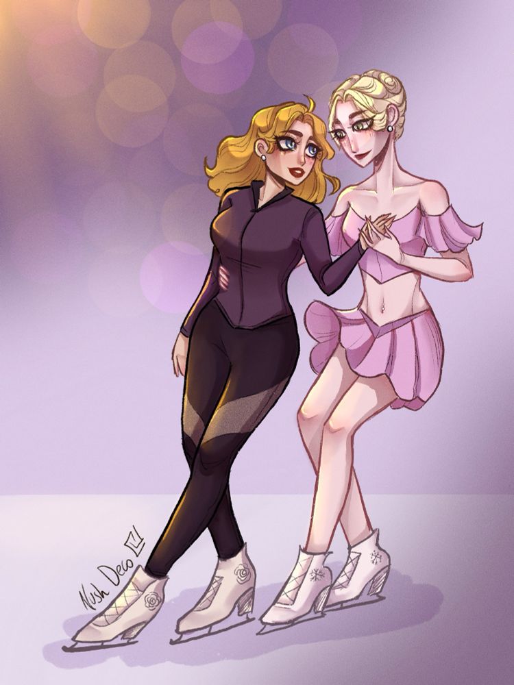 Artwork of Chloé and Freja skating together by Nush Deko