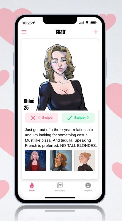 Dating profile for Chloé LaFleur, one of the stars of THE ICE BETWEEN US, a sapphic figure skating romance novel, querying now. Please swipe right on her. 