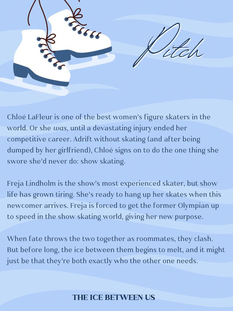 Pitch: 


Chloé LaFleur is one of the best women’s figure skaters in the world. Or she was, until a devastating injury ended her competitive career. Adrift without skating (and after being dumped by her girlfriend), Chloé signs on to do the one thing she swore she’d never do: show skating. 

Freja Lindholm is the show’s most experienced skater, but show life has grown tiring. She’s ready to hang up her skates when this newcomer arrives. Freja is forced to get the former Olympian up to speed in the show skating world, giving her new purpose.

When fate throws the two together as roommates, they clash. But before long, the ice between them begins to melt, and it might just be that they’re both exactly who the other one needs.
