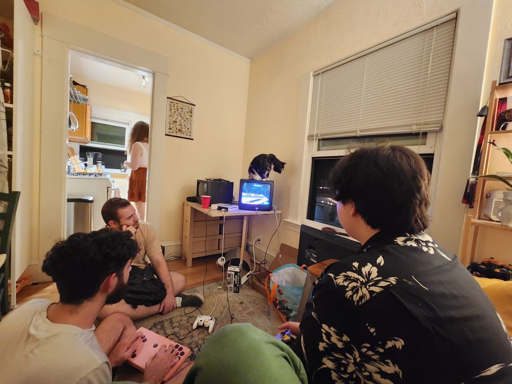 cute calico cat sitting on top of a box tv while super smash Brothers melee is being played on it