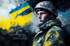 Ukrainian soldier viewing war in distance 