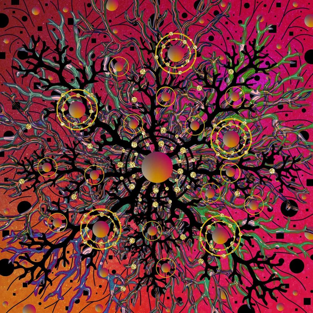Set against a colorful red, pink, and orange background are vibrant tree-like branches that extend from a multi-colored sphere surrounded by circles and diamonds.  Numerous spheres, like the center, extend out among the branches with diamonds and gold circles surrounding them.  Intermittent black dots are set against the background between the branches.